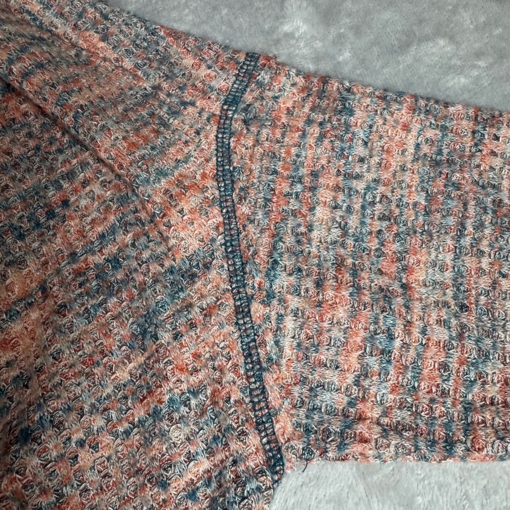 Free People Women Large Cowl Neck Thermal Waffle Knit Button Cuff Top Coral Teal - Picture 7 of 11